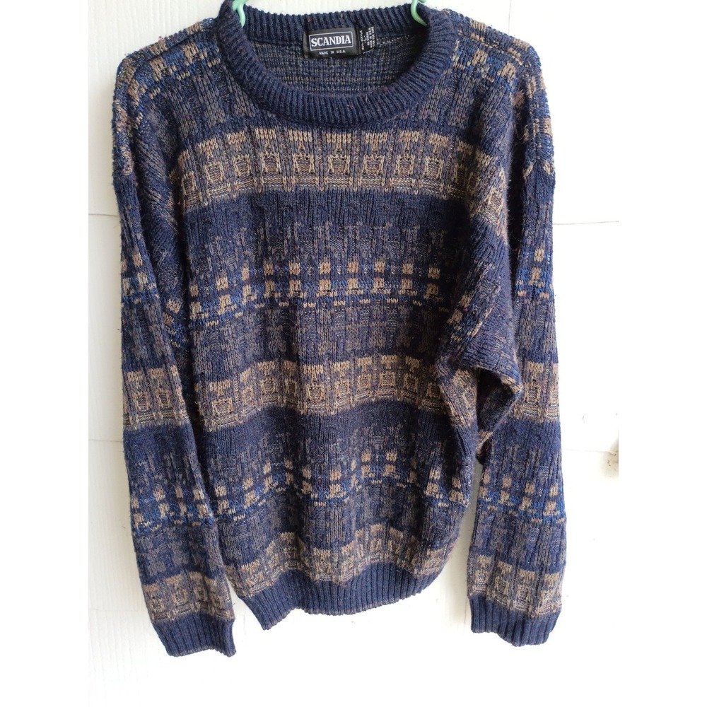 Scandia‎ Acrylic Usa Tight Knit Sweater Navy Geometric Large Mens